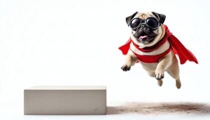 Super Pug Dog in Flight Red Cape Funny Image