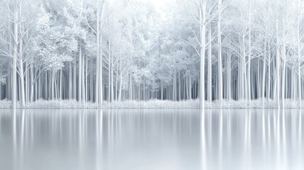 Fototapeta premium Winter forest reflection, serene snowy woods, calm lake, tranquil nature scene, ideal for winter backgrounds