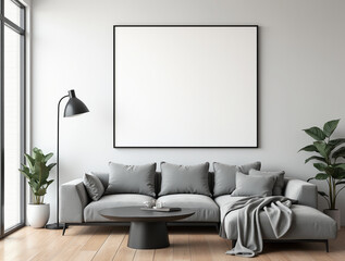 Frame mockup, Living room wall poster mockup. Interior mockup with house background. Modern interior design. 