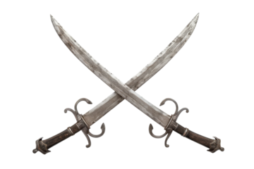 Intricately designed twin swords crossed together against a minimalist backdrop, showcasing artistry and craftsmanship in weaponry isolated on transparent background