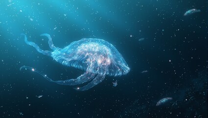 Fototapeta premium Alien jellyfish drifting in glowing alien ocean