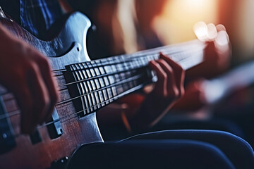 Obraz premium Close-Up of a Bass Guitar Player’s Hands While Playing in a Softly Lit Environment