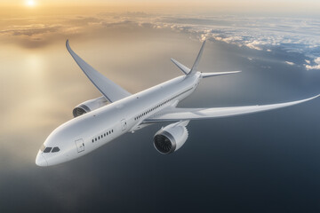 Obraz premium Airplane Flying Above Dramatic Clouds During Sunset with Golden and Orange Sky Reflections