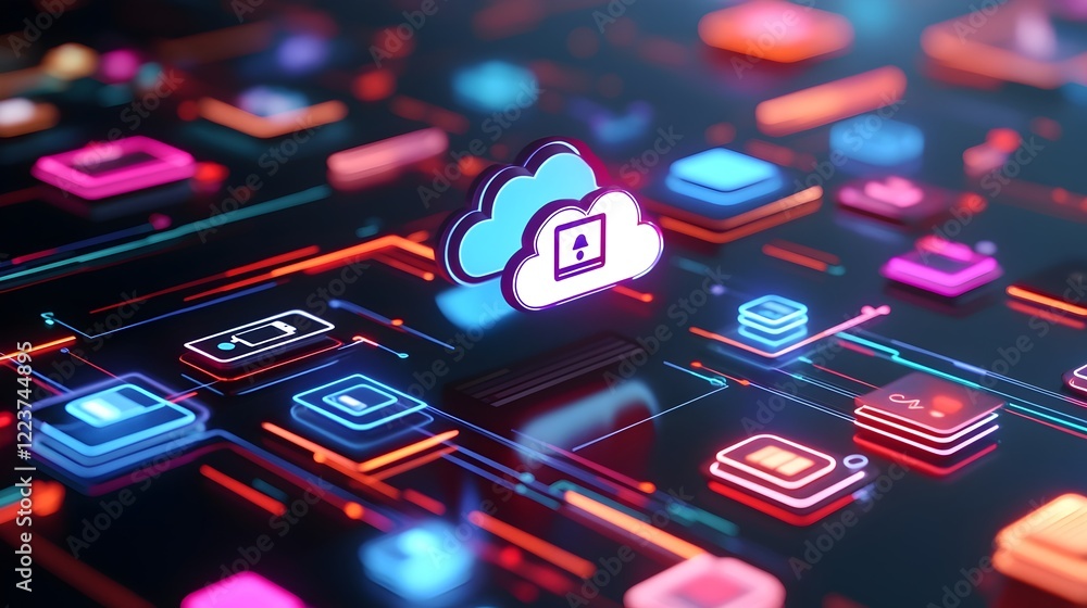 Poster abstract digital cloud computing network technology data storage neon lights futuristic concept illu