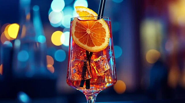 Close-up of vibrant aperol spritz cocktail with orange slice on glass in trendy bar setting for travel agency advertising.