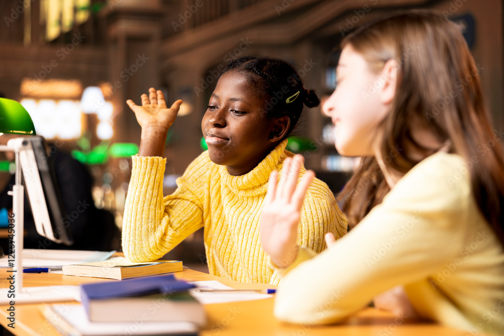Poster two diverse schoolgirls attending an online class via video call in the library, focused on distance