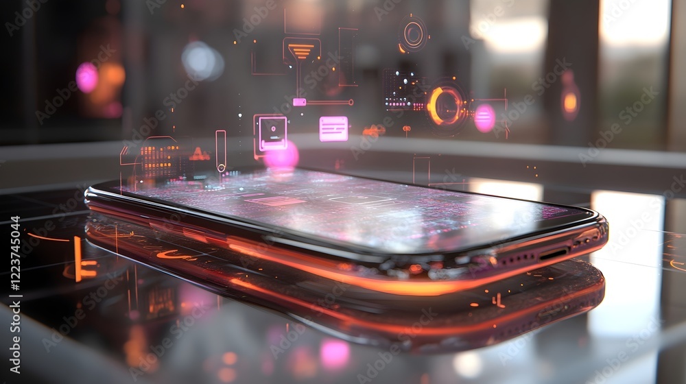 Poster futuristic smartphone technology abstract digital interface neon glow red orange pink mobile phone s