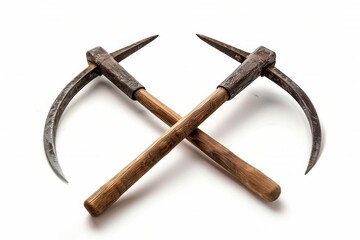 Artfully crafted cross-cut mining tools resting on a clean surface, showcasing their traditional design and practical use in excavation tasks isolated on transparent background
