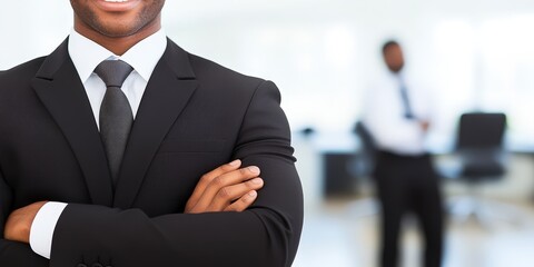 Confident businessman arms crossed, office background