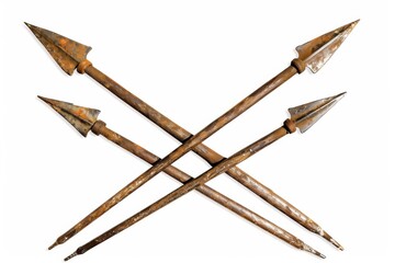 Crossed spears with rusted tips resting against each other on a clean, white background during a still life arrangement isolated on transparent background