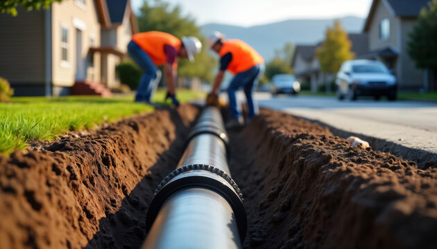 Construction workers install water pipe in trench beside road in residential area. Wear safety vests. Pipe likely plastic PVC. Scene shows maintenance work on infrastructure in suburb. New water