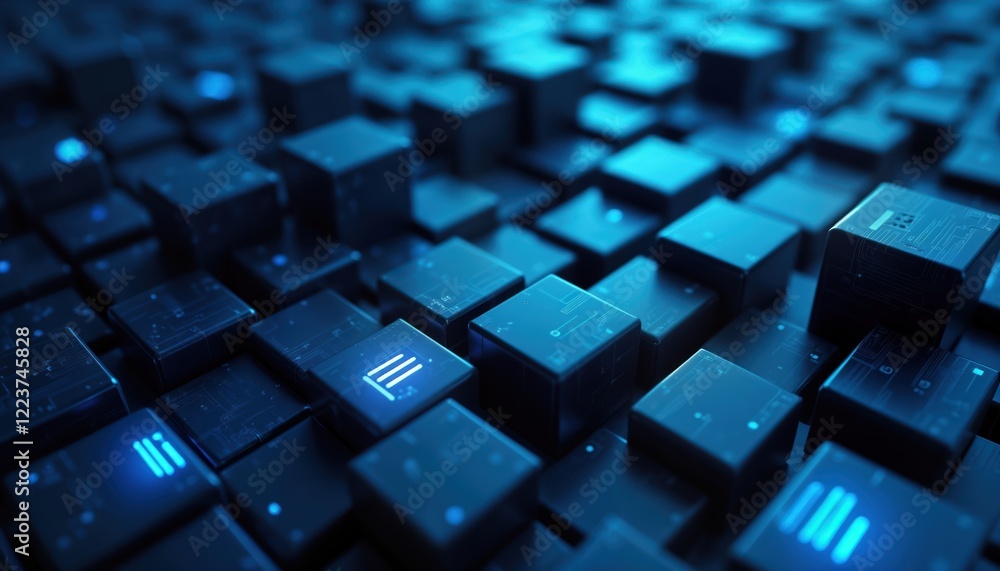Poster Futuristic tech banner with glowing blue geometric cubes. Modern abstract design. Interconnected blocks form wall. Dark blue background. Glowing tech shapes. Digital illustration. High tech concept.