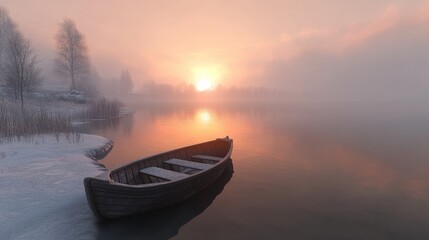 Winter sunrise over calm lake, boat on snowy shore, misty landscape; peaceful nature scene for calendar or website