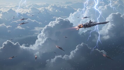 Naklejka premium Futuristic warships navigate stormy clouds on alien planet