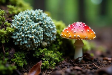 Small mushroom next to a large grey lichen mass, forest floor, plant life