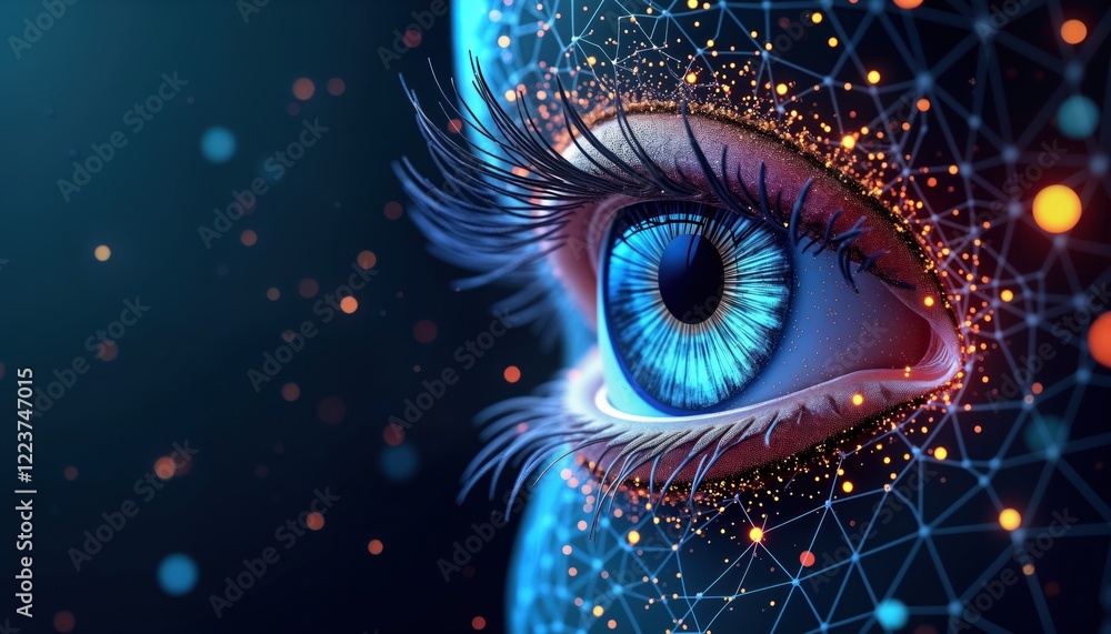 Poster futuristic eye illustration shows digital eye with low poly wireframe structure. eye blue, glowing. 