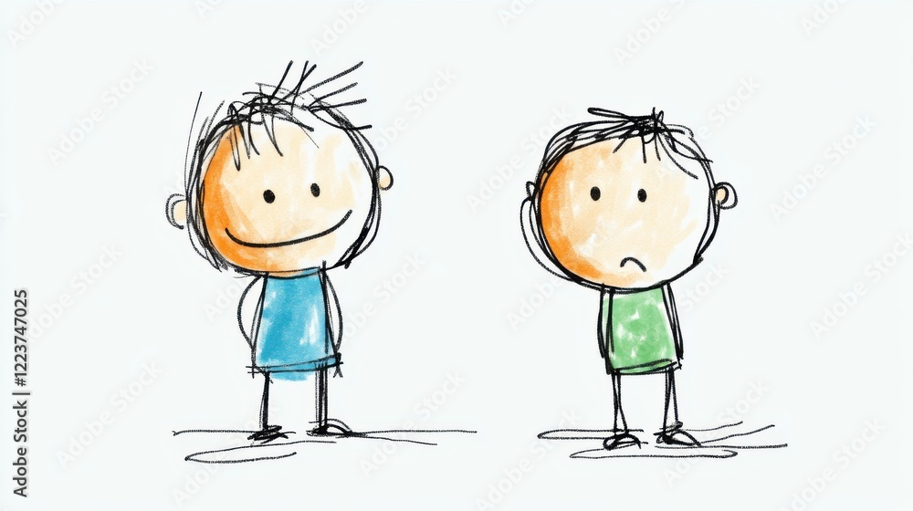 Poster cartoon characters with different emotions representing happiness and sadness in a simple design
