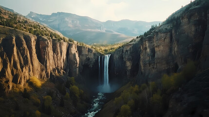 Majestic waterfall cascading down steep cliffs into a serene river valley. Waterfall Valley. Illustration
