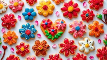 Fototapeta premium Colorful almond cookies decorated with flowers for valentine's day