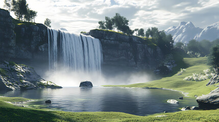 Majestic waterfall cascading into tranquil pool in misty valley. Waterfall Valley. Illustration