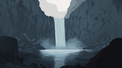 Majestic waterfall cascading into tranquil pool in misty valley. Waterfall Valley. Illustration