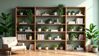 Modern bookshelf with plants in cozy living room. Indoor design with sunlight. Bookcase with various plants in pots. Peaceful, stylish home interior. Comfortable armchair for relaxation. Simple