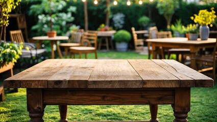 Fototapeta premium Blank wooden table in outdoor garden setting
