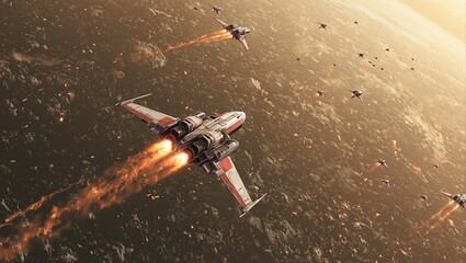 Obraz premium Futuristic spaceships engage in high speed battle above a rocky planet