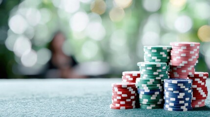Casino poker chips on table, blurry background. Gambling, luck, risk, fortune