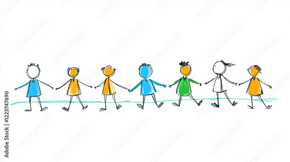 Poster colorful stick figures holding hands in a line representing friendship and unity in a playful style