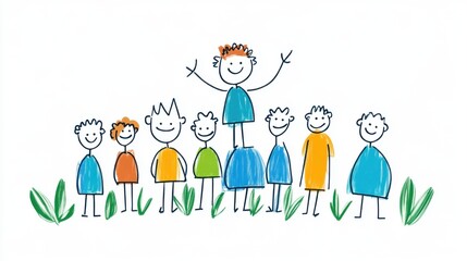 Cheerful Cartoon Group of Children with One Child Standing on a Rock Surrounded by Grass and Smiling Friends