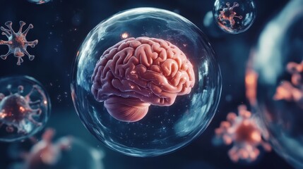 A surreal image of a brain encased in a protective bubble, with abstract medical symbols surrounding it, against a dark background