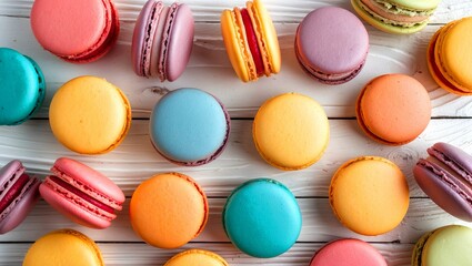 Obraz premium Vibrant macarons arranged on rustic wooden surface