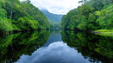 Serene river reflecting lush rainforest, misty mountains.  Perfect for travel brochures
