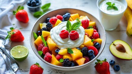 Vibrant fruit salad drenched in creamy yogurt sauce