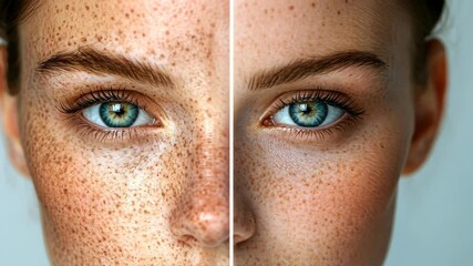 A split face illustrates a  contrast, one side showcasing pigment spots while the other remains flawlessly clear.