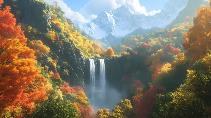 Serene waterfall cascading down lush green mountain valley with vibrant autumn foliage. Waterfall Valley. Illustration