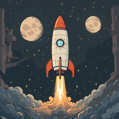 Obraz premium Space rocket on the background of the moon and stars. Vector illustration.
