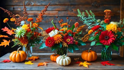Vibrant autumn flower display on rustic wooden table
