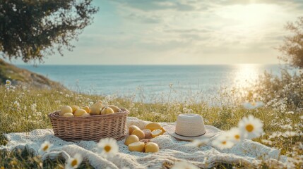 A bright and cheerful summer vibe with a picnic setup on the grass, including a blanket, a basket, and fresh fruit, with the sun shining down and a calm, blue sky overhead.