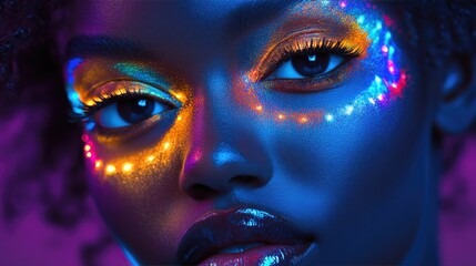 Woman with neon face paint, close-up portrait, dark background, beauty and fashion