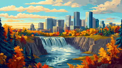 Obraz premium View of the downtown edmonton skyline and autumn colours of the river valley along the north saskatchewan river; edmonton, alberta, canada. Waterfall Valley. Illustration
