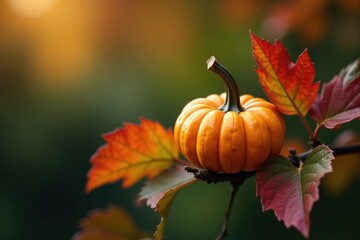 small pumpkin and chestnuts on a branch with red and green leaves, red leaf,