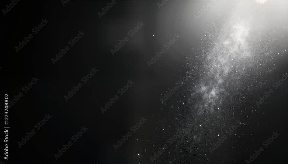 Poster Dark matte background displays floating particles illuminated by soft light in upper right corner. Abstract design offers dramatic contrast between dark, light. Visual effect highlights texture,
