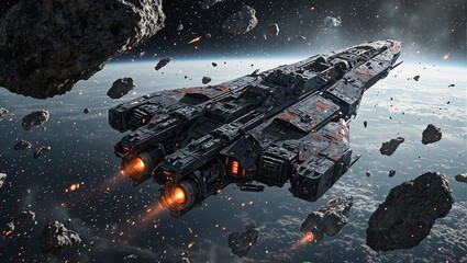 Obraz premium Futuristic spaceship deflecting asteroid storm with glowing shields and roaring engines