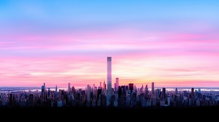Fototapeta premium Pink sunset over Manhattan skyline. Urban landscape, city panorama
