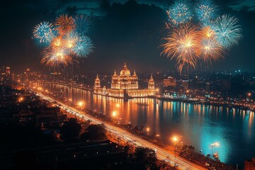 Naklejka premium Spectacular Hyderabad New Year fireworks illuminating architecture and city skyline reflections