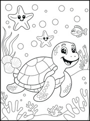 Illustration of a cute baby turtle cartoon character. Black and white Printable underwater coloring page for kids.
