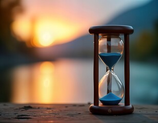 Hourglass with blue sand on wooden dock at sunset over lake. Blurry sunset landscape. Concept of time passing. Patience and waiting for the right moment. Focus on hourglass. Peaceful scenery.