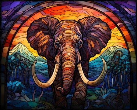Elefant in buntem Glasmalerei-Stil vor Sonnenuntergang - KI generiert